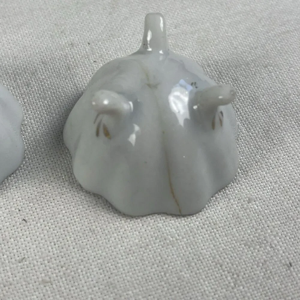 PAIR HAND PAINTED  SALT CELLAR DIPS-LAVENDER FLOWERS - GREEN-GOLD TRIM - FOOTED